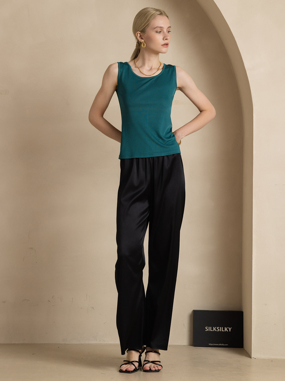 [Verde Oscuro] SilkSilky-ES Tejido de seda Sin mangas Round Neck Camisetas de Mujer 006