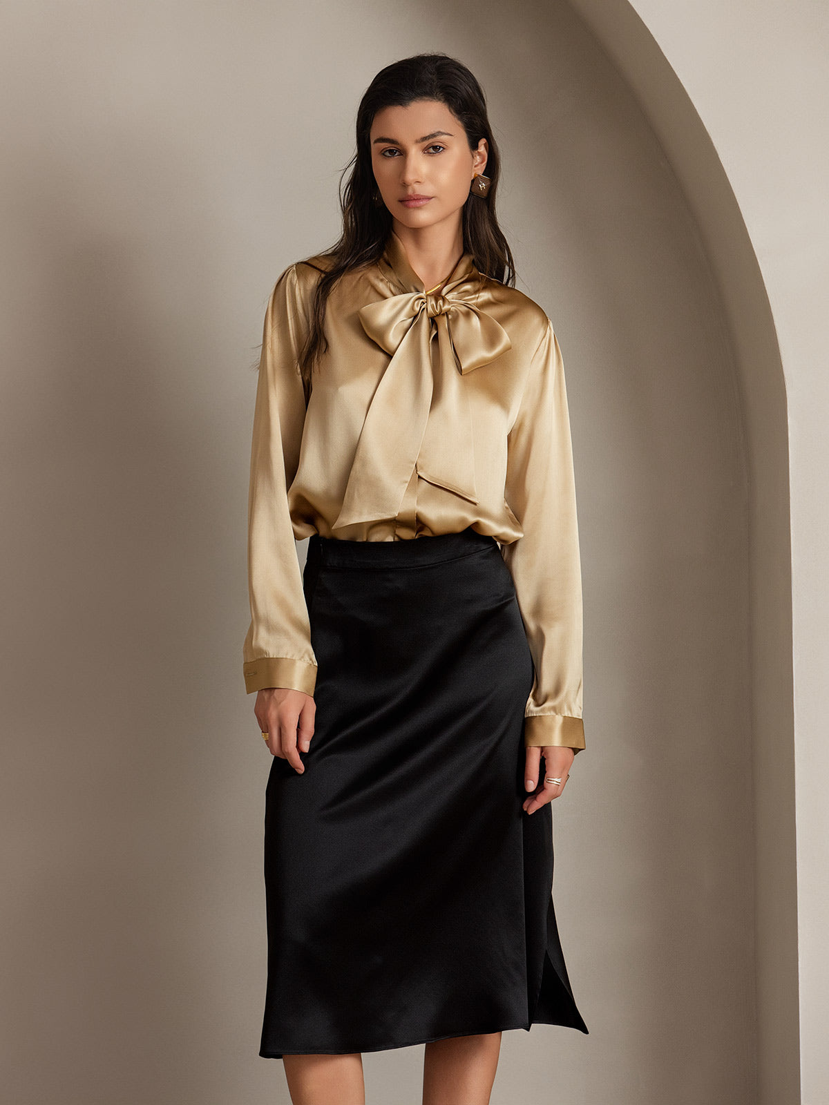 [Negro] SilkSilky-ES 19Momme Seda Skirt 001