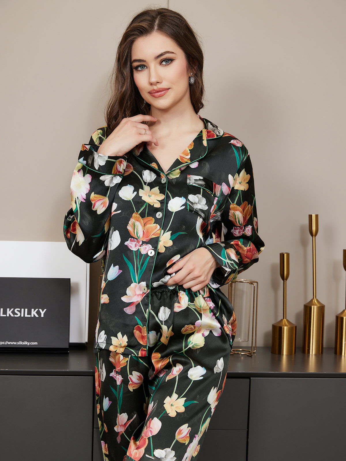 [Negro] SilkSilky-ES Seda Pura Manga larga Solapa Pijamas de mujer 006