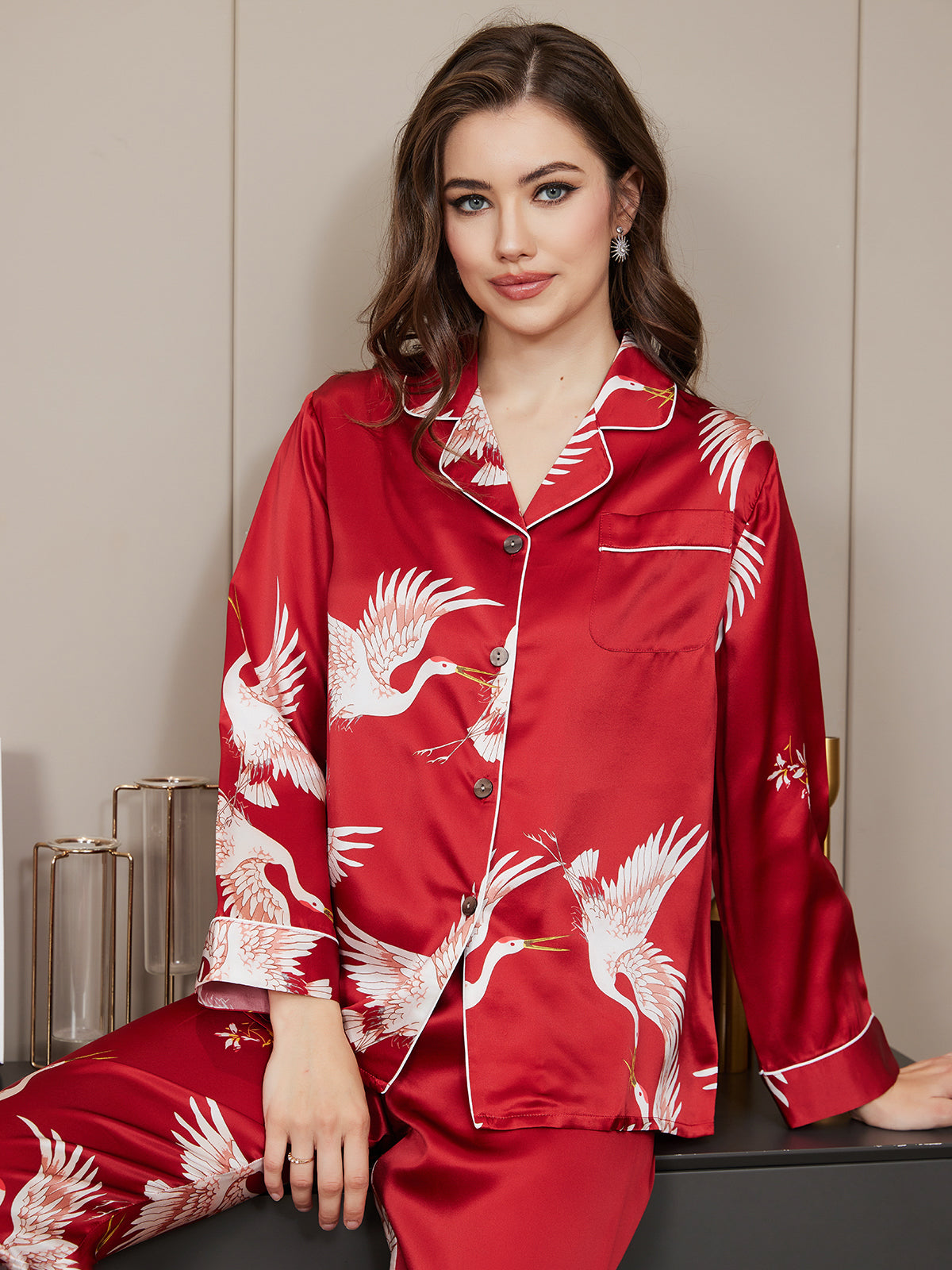 [Rojo Oscuro] SilkSilky-ES 19Momme Seda Pura Manga larga Solapa Pijamas de mujer 005