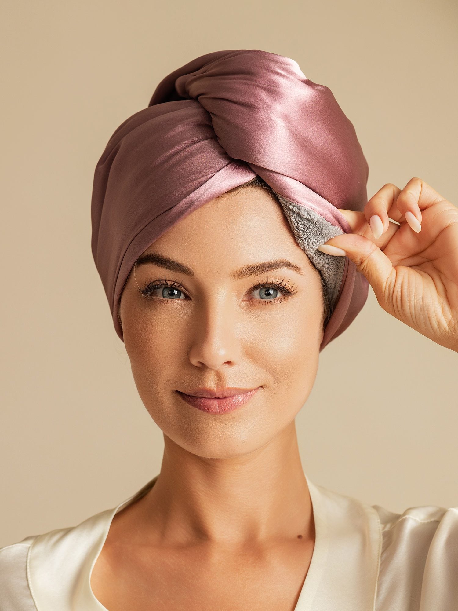 [Malva Pálido] SilkSilky-ES Seda Pura Hair Towel Wrap 001,