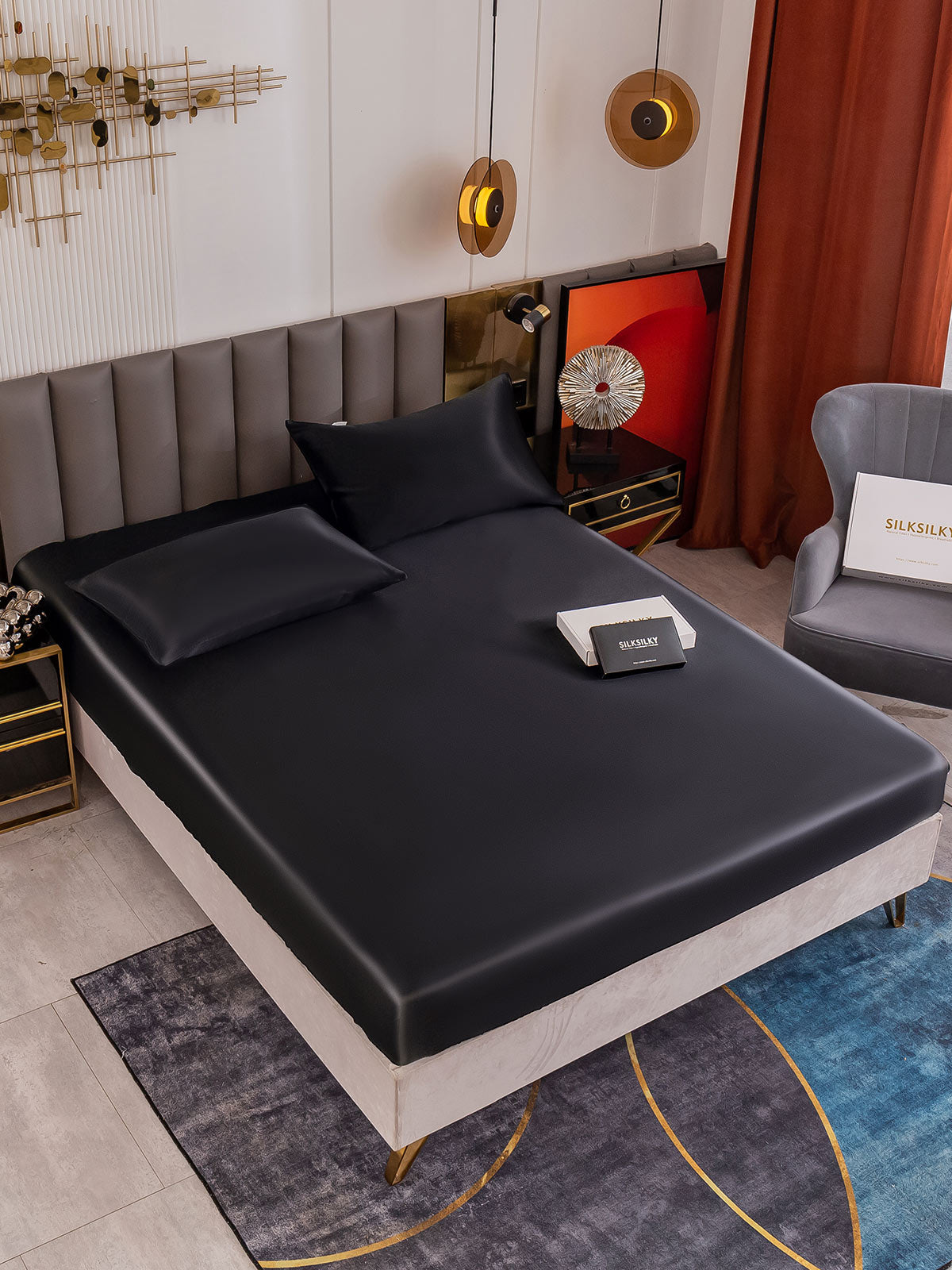 [Negro] SilkSilky-ES 19Momme Seda Pura Bedding Set 001