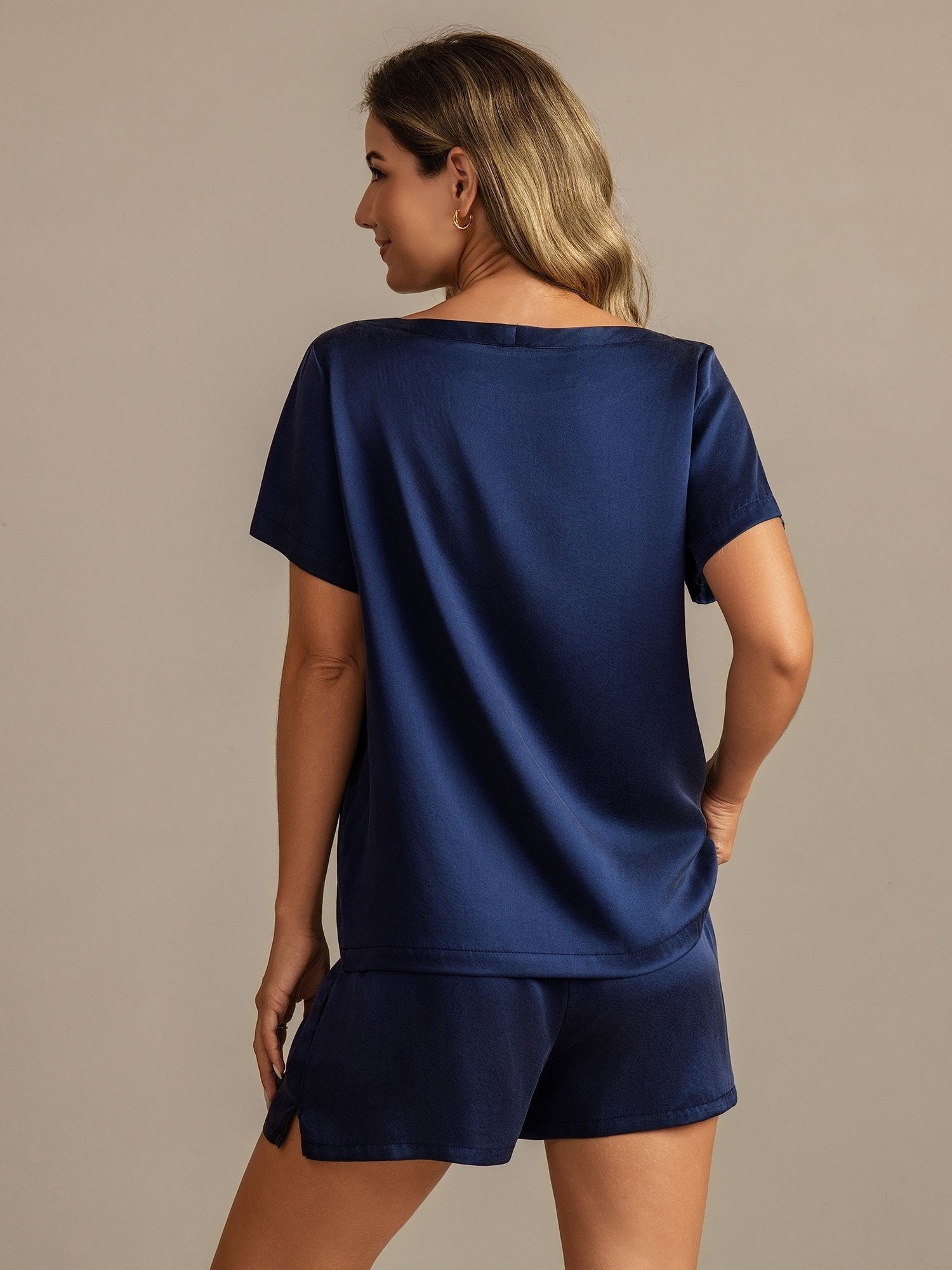 [Azul Oscuro] SilkSilky-ES 19Momme Manga corta Cuello Redondo Pijamas de mujer 002