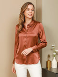 SilkSilky-ES Seda Manga larga Cuello Camisero Blusas de Mujer Café 005