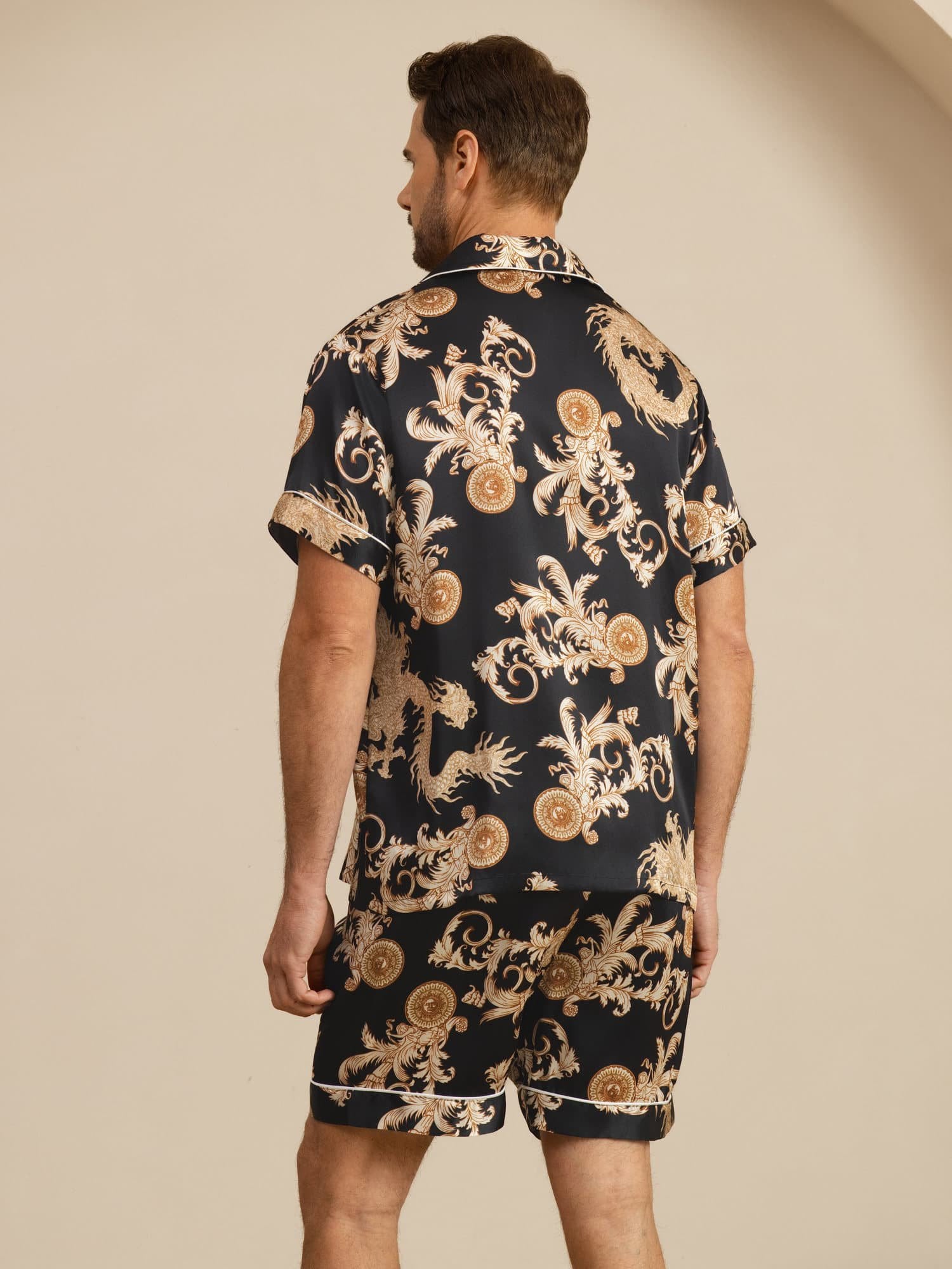 [Dragón Negro] SilkSilky-ES Short Sleeve Cuello de Muesca Pijamas de hombre 002