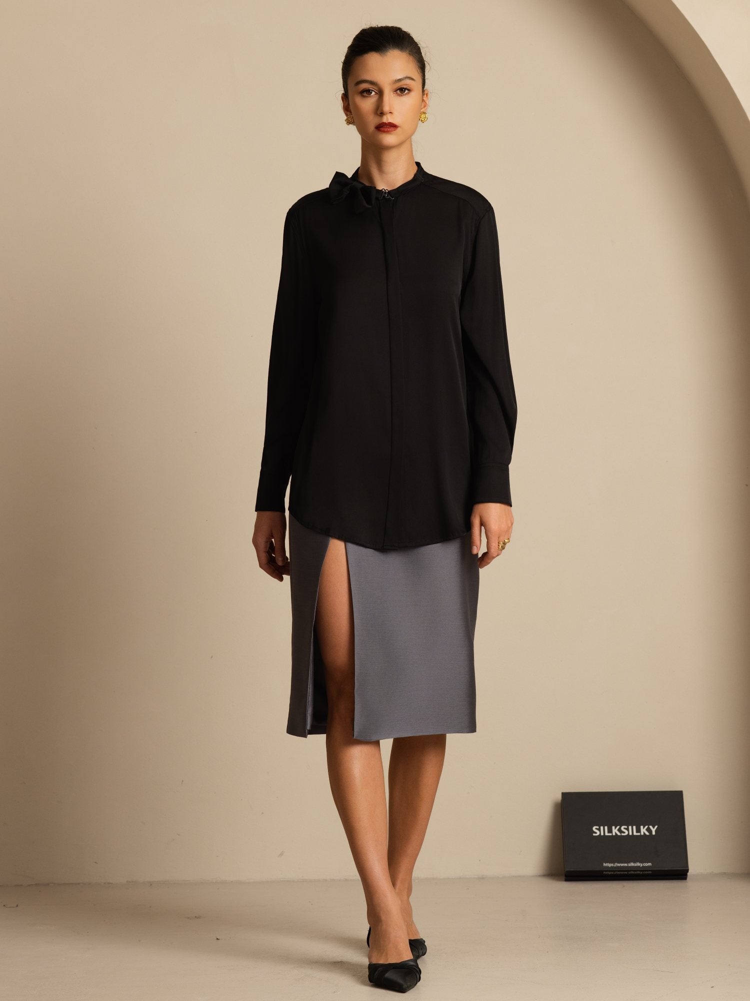 [Negro] SilkSilky-ES 19Momme Seda Manga larga Cuello Alto Blusa 008