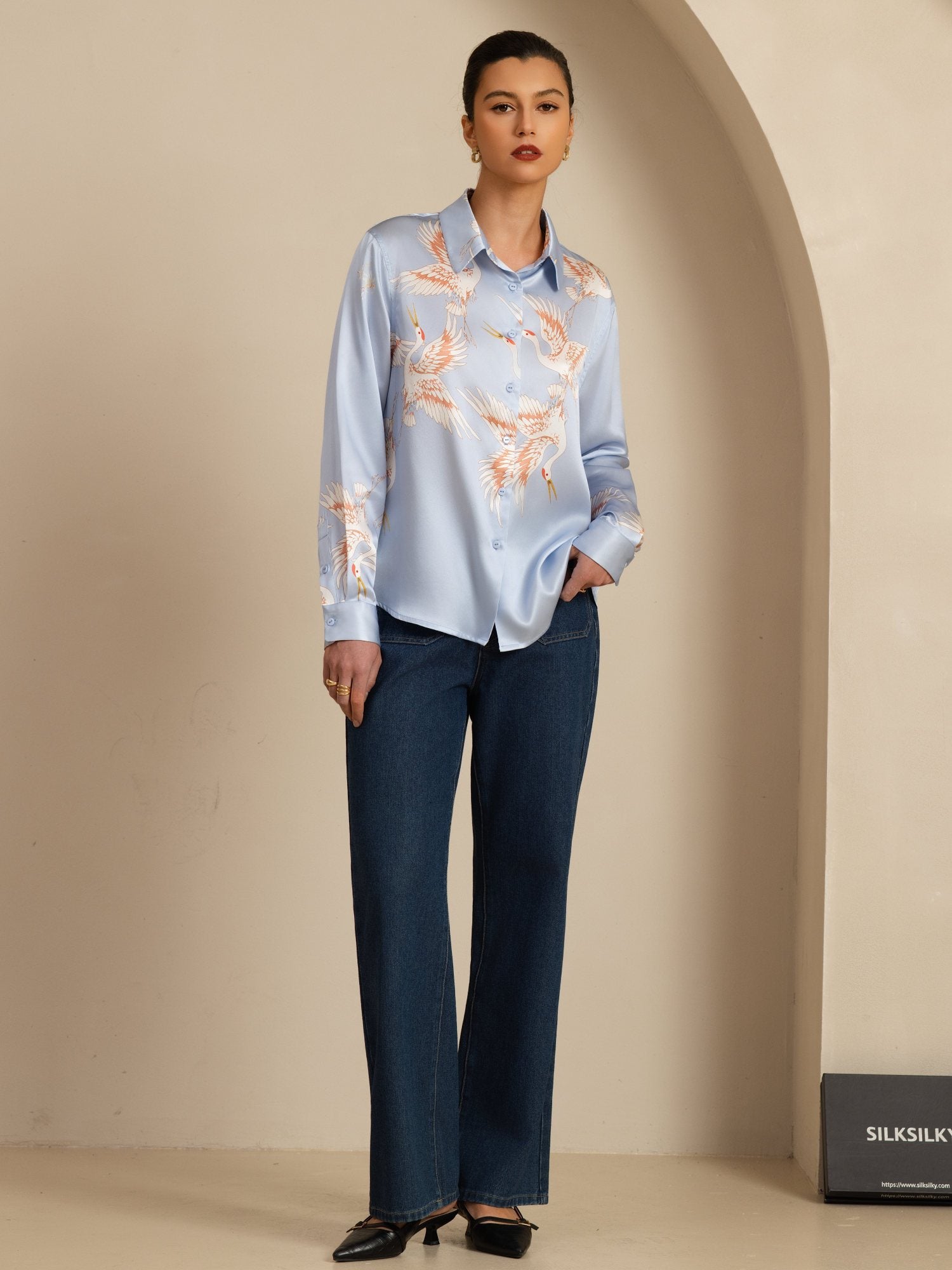 [Azul Claro] SilkSilky-ES 19Momme Manga larga Cuello con Solapa Blusas de Mujer 008