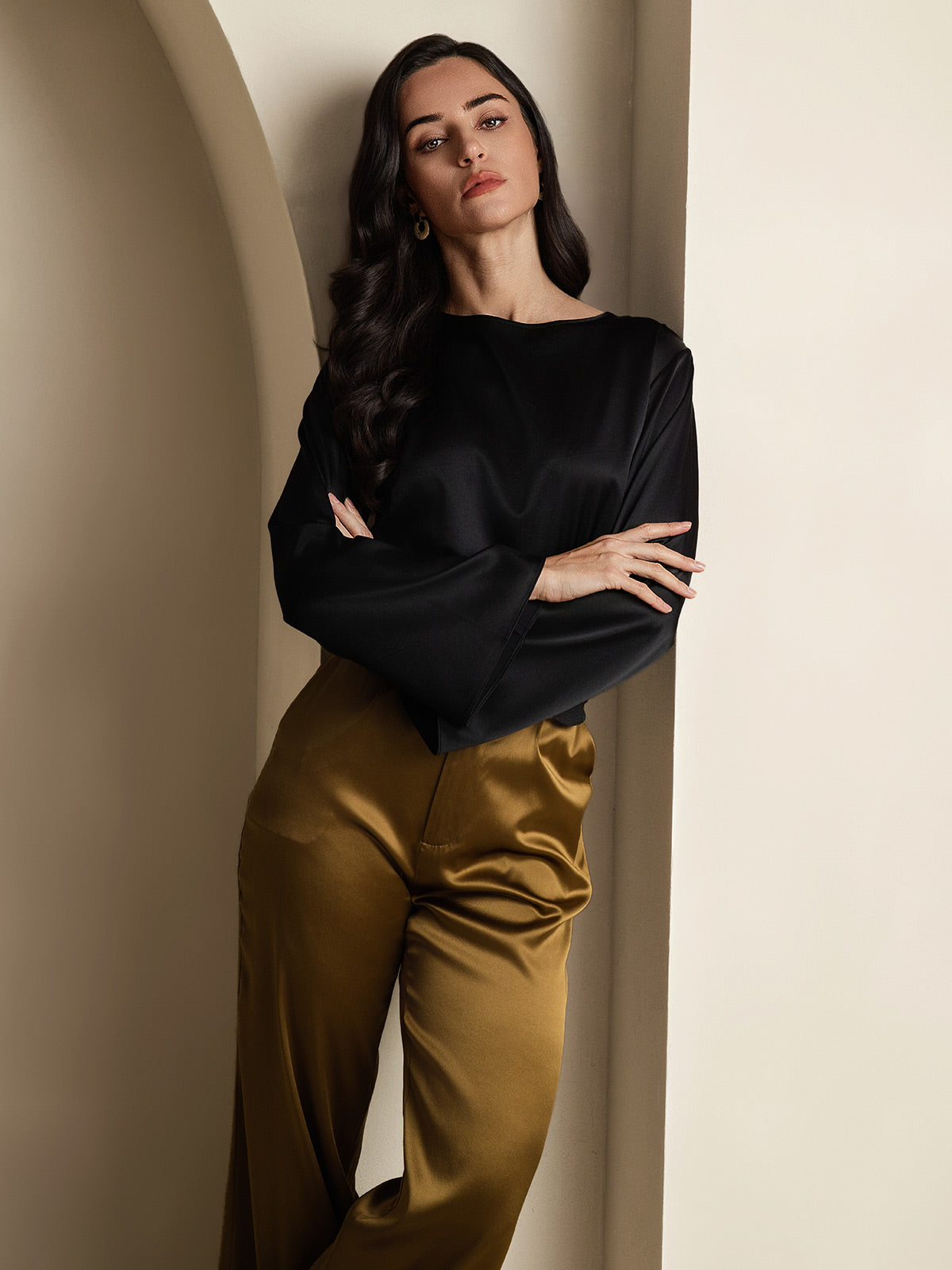 [Negro] SilkSilky-ES 19Momme Seda Womens T-Shirt 005,