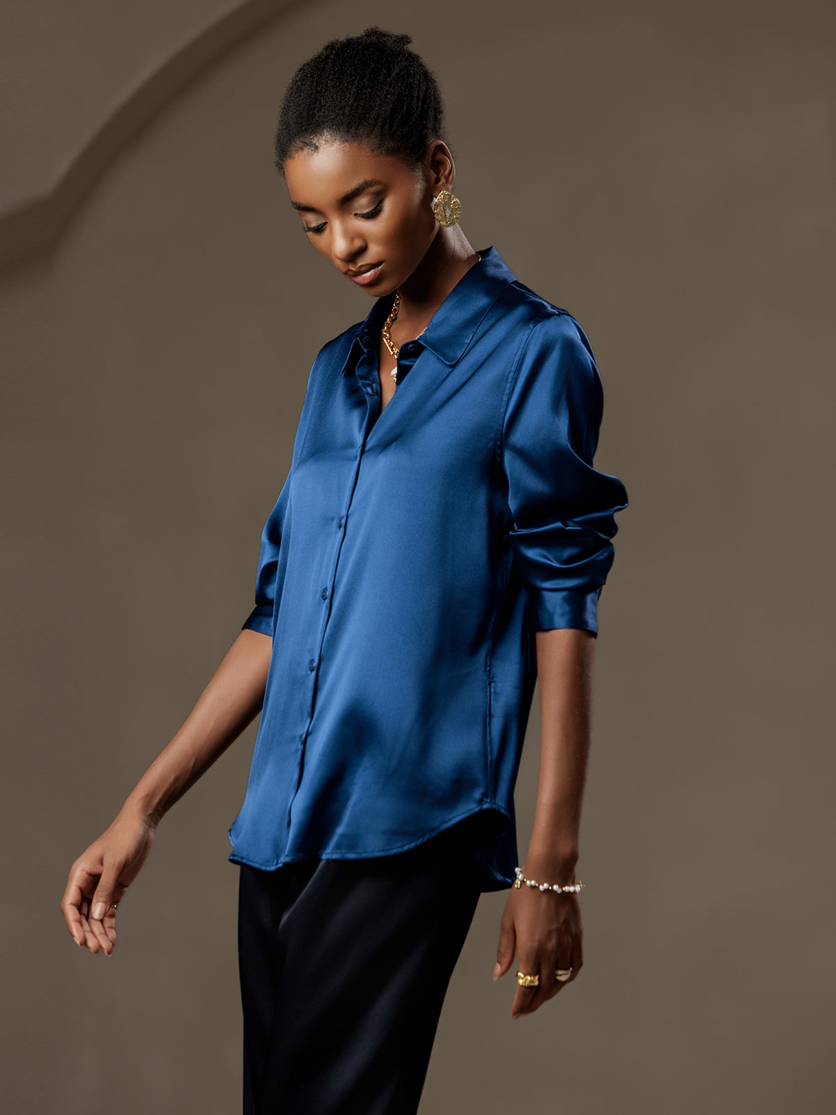 [Azul Real] SilkSilky-ES Seda Cuello Camisero Blusas de Mujer 006