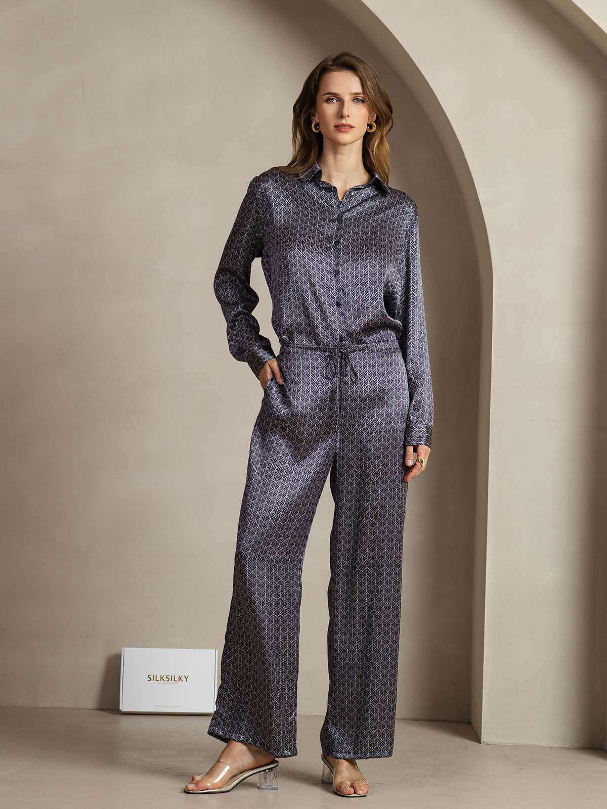 [Ginkgo Azul Marino] SilkSilky-ES 19Momme Seda Womens Pants 004