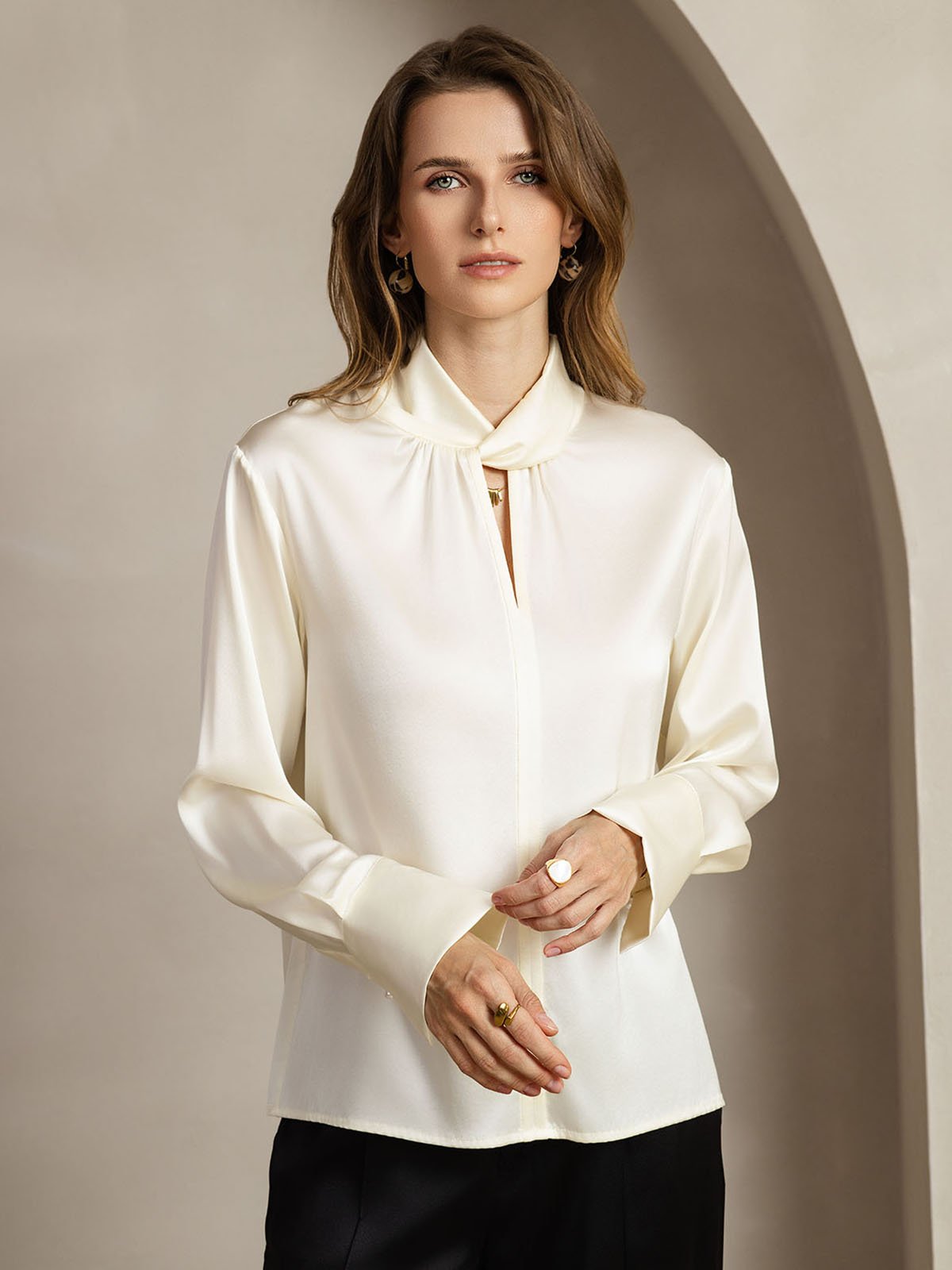 [Marfil] SilkSilky-ES 19Momme Seda Escote lágrima Blusas de Mujer 004