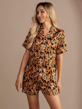 [Tigre Negro] SilkSilky-ES Short Sleeve Lapel Collar Pijamas de mujer 001