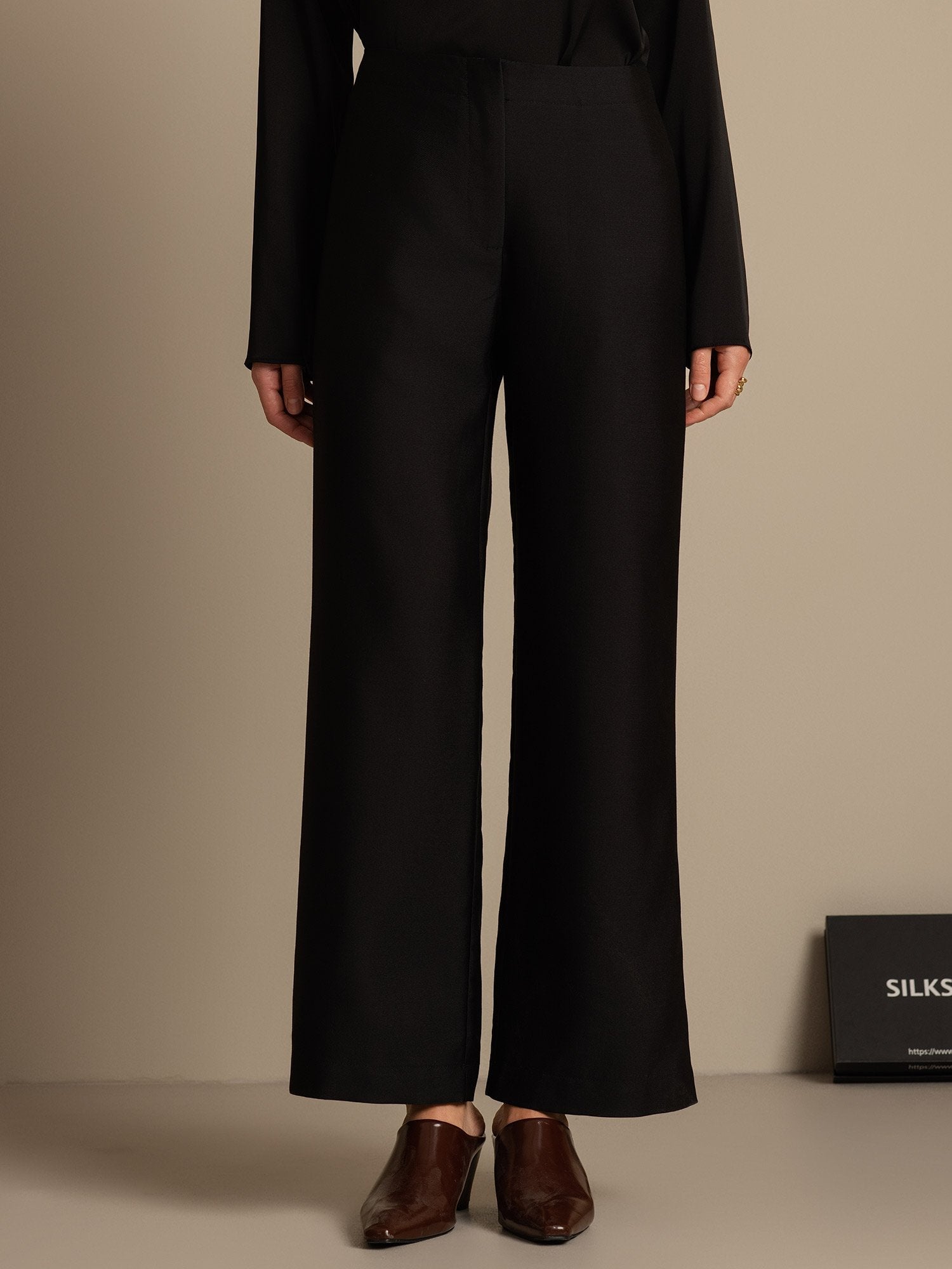 [Negro] SilkSilky-ES 32Momme Silk-Wool Blend Womens Pants 001,