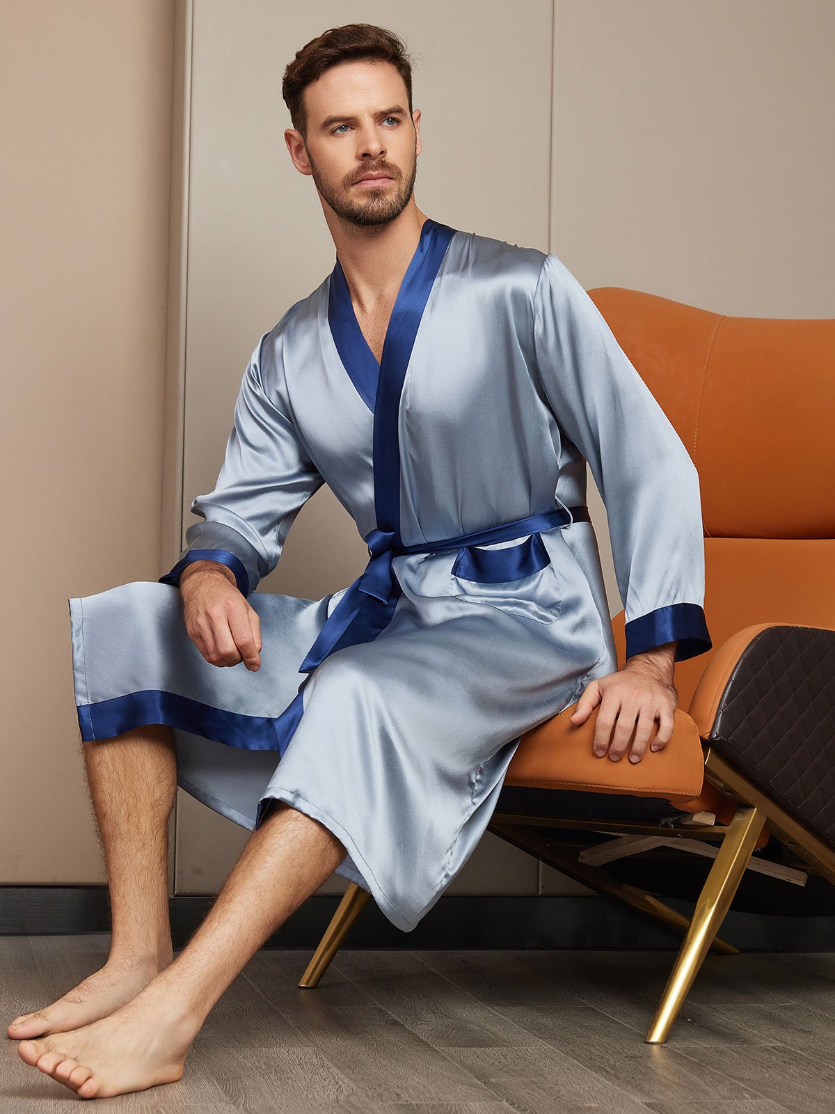 SilkSilky ES Seda Pura Manga larga Mens Robe AzulGrisáceo 004