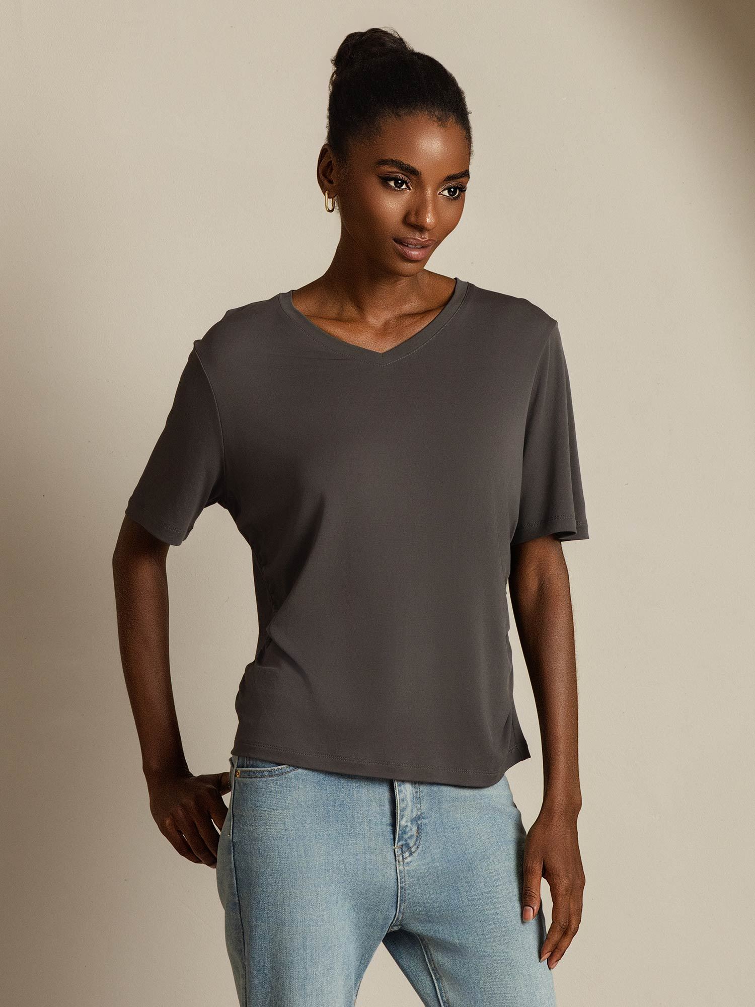 [Gris] SilkSilky-ES Seda Pura Cuello en V Camisetas de Mujer 006