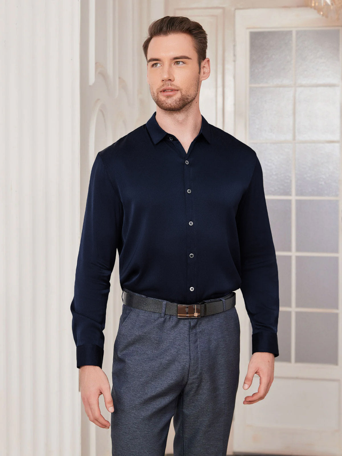 [Azul Oscuro] SilkSilky-ES Seda Cuello Camisero Camisa de hombre 003