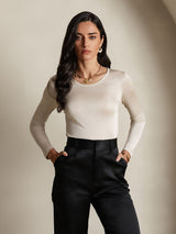 [Beige] SilkSilky-ES Manga larga Cuello Redondo Camisetas de Mujer 004