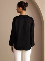 [Negro] SilkSilky-ES Long Sleeve Lapel Collar Blusa 002