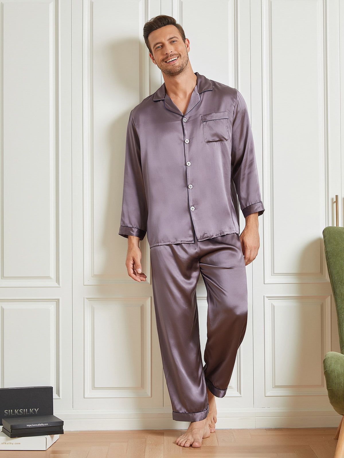 [Gris Púrpura] SilkSilky-ES 19Momme Seda Pura Mens Pajamas 003