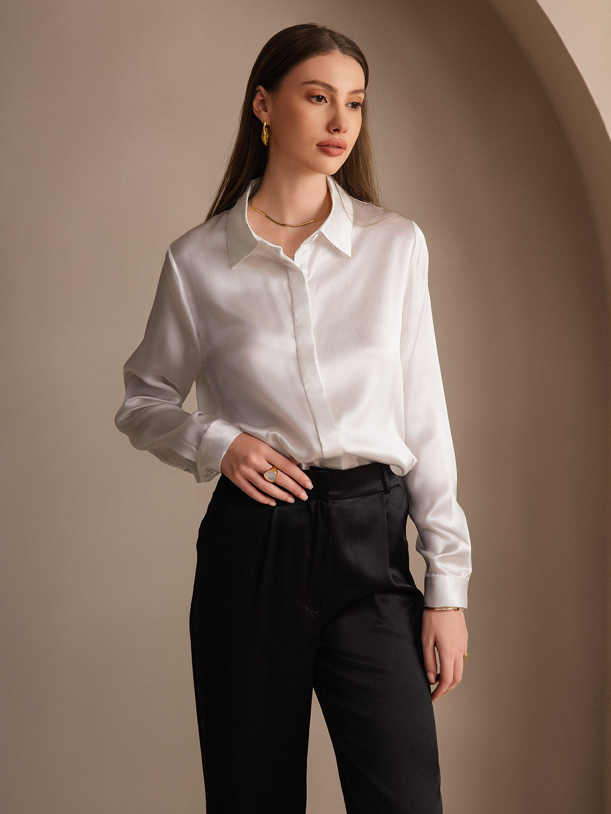 [Blanco] SilkSilky-ES 19Momme Seda Lapel Collar Blusas de Mujer 001