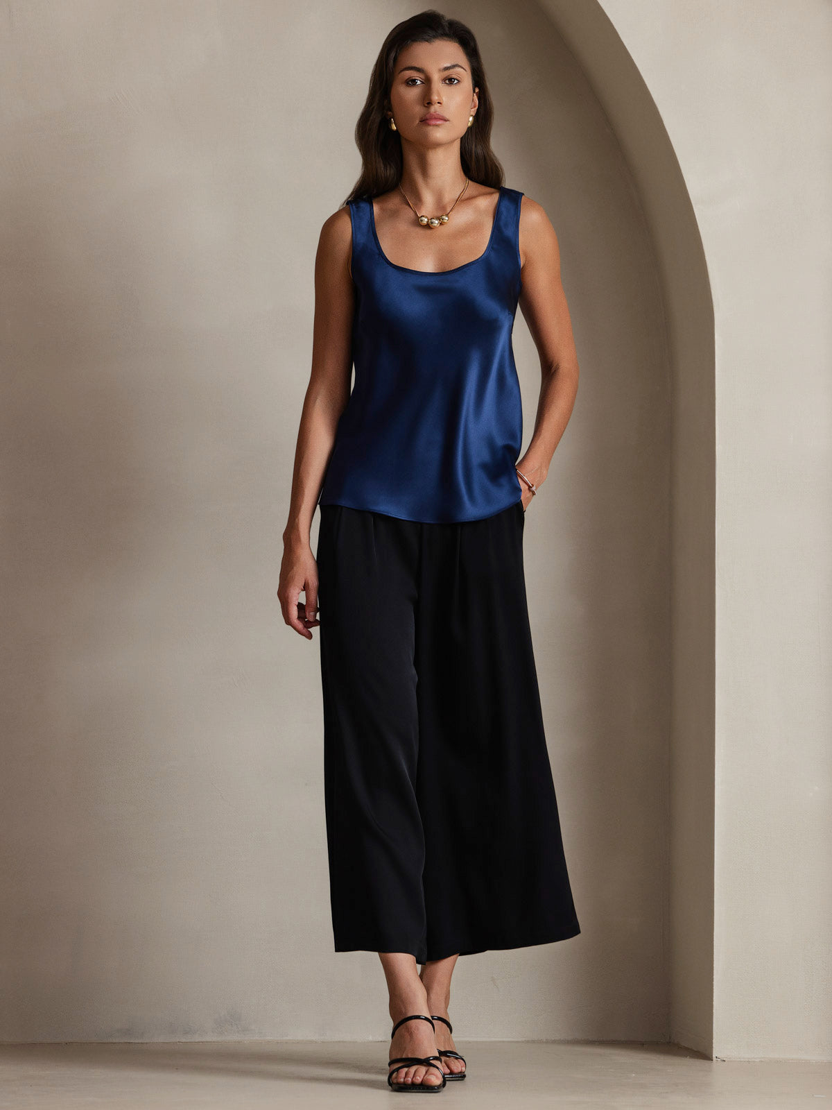 [Azul Oscuro] SilkSilky-ES 19Momme Seda Cuello en U Top de tirantes 007