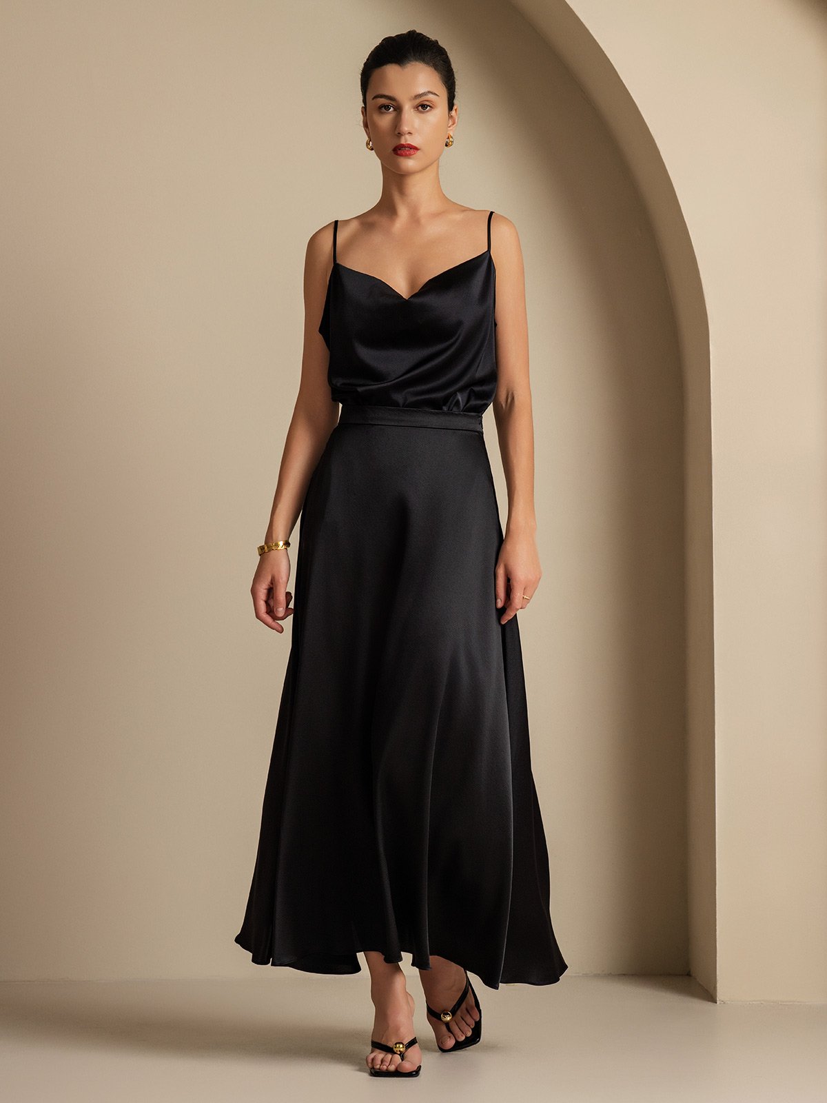 [Negro] SilkSilky-ES 19Momme Seda Cuello Camisero Women''s Outfit Sets 001,