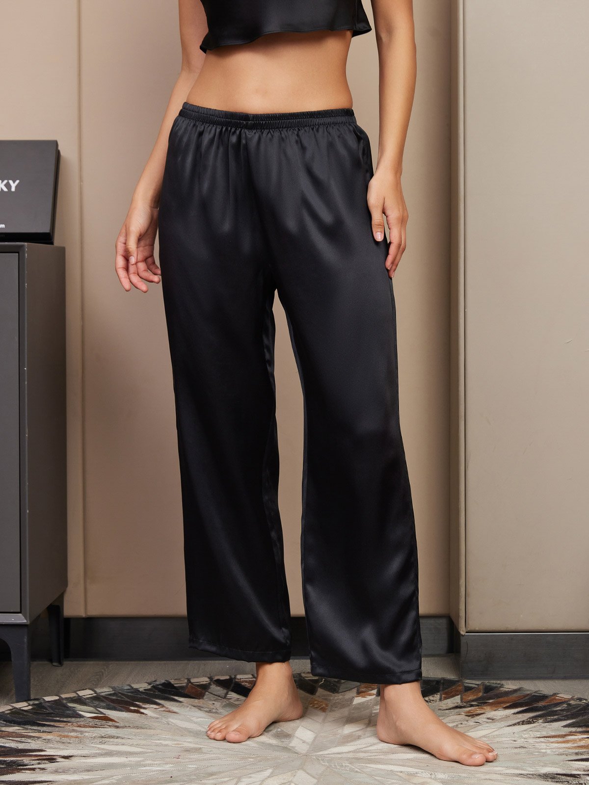 [Negro] SilkSilky-ES Seda Pura Womens Sleep Bottoms 001