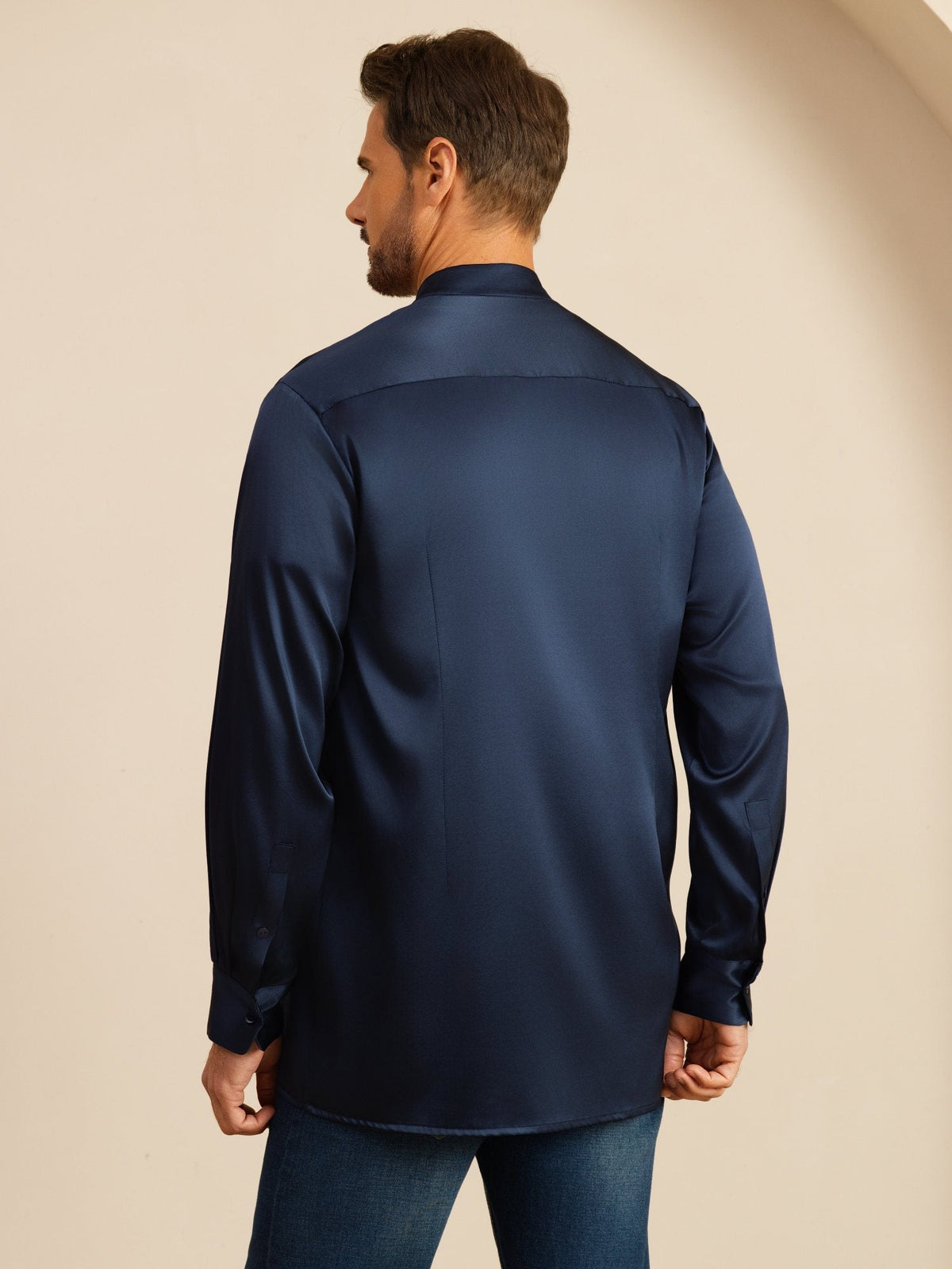 [Azul Oscuro] SilkSilky-ES Long Sleeve Stand Collar Camisa de hombre 002