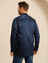 [Azul Oscuro] SilkSilky-ES Long Sleeve Stand Collar Camisa de hombre 002