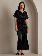 [Negro] SilkSilky-ES Short Sleeve Cowl Neck Blusas 003