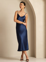 [Azul Oscuro] SilkSilky-ES Spaghetti Strap V Neck Vestido 001