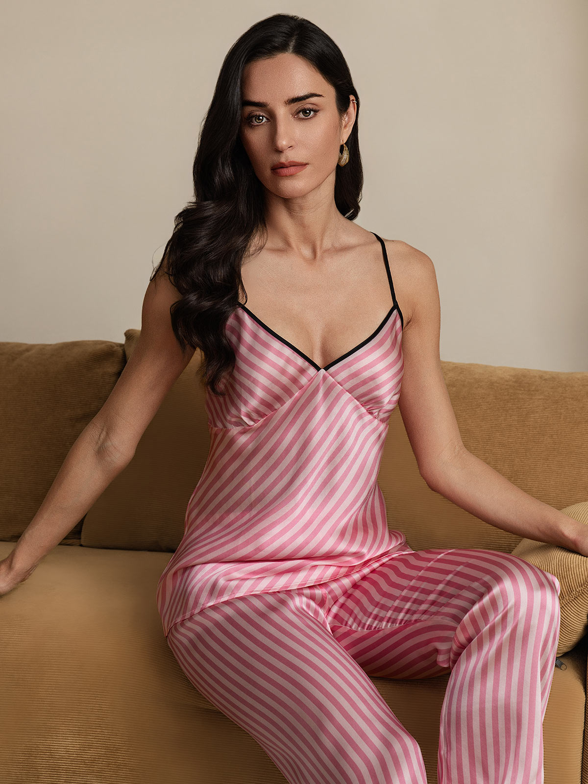 SilkSilky-ES Seda Pura Sin mangas Cuello en V Pijamas de mujer Rosa 001