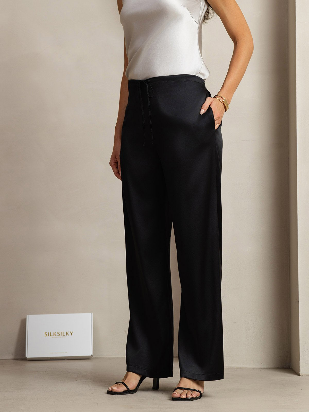 [Negro] SilkSilky-ES 19Momme Seda Womens Pants 002