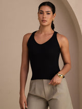 [Negro] SilkSilky-ES Sleeveless Deep V Neck Top de tirantes 003