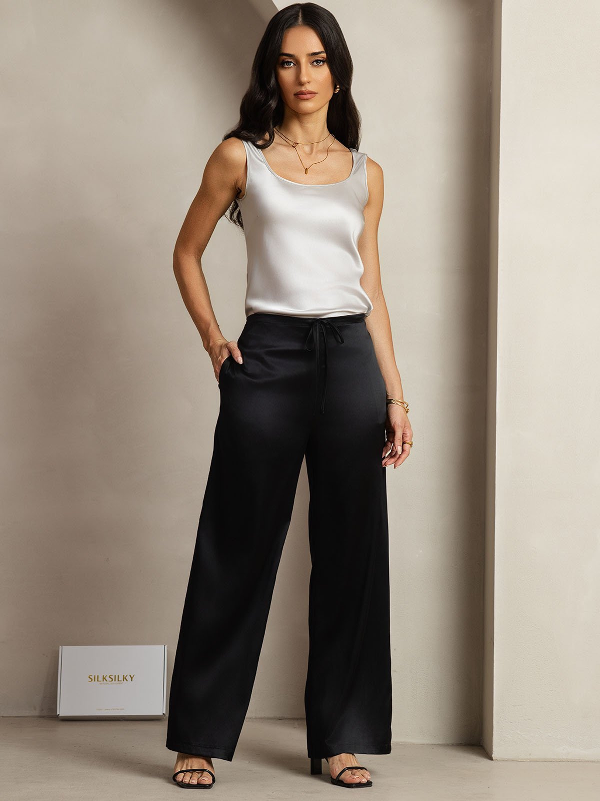 [Negro] SilkSilky-ES 19Momme Seda Womens Pants 006