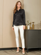 [Negro] SilkSilky-ES 19Momme Manga larga Cuello con Solapa Blusas de Mujer 005