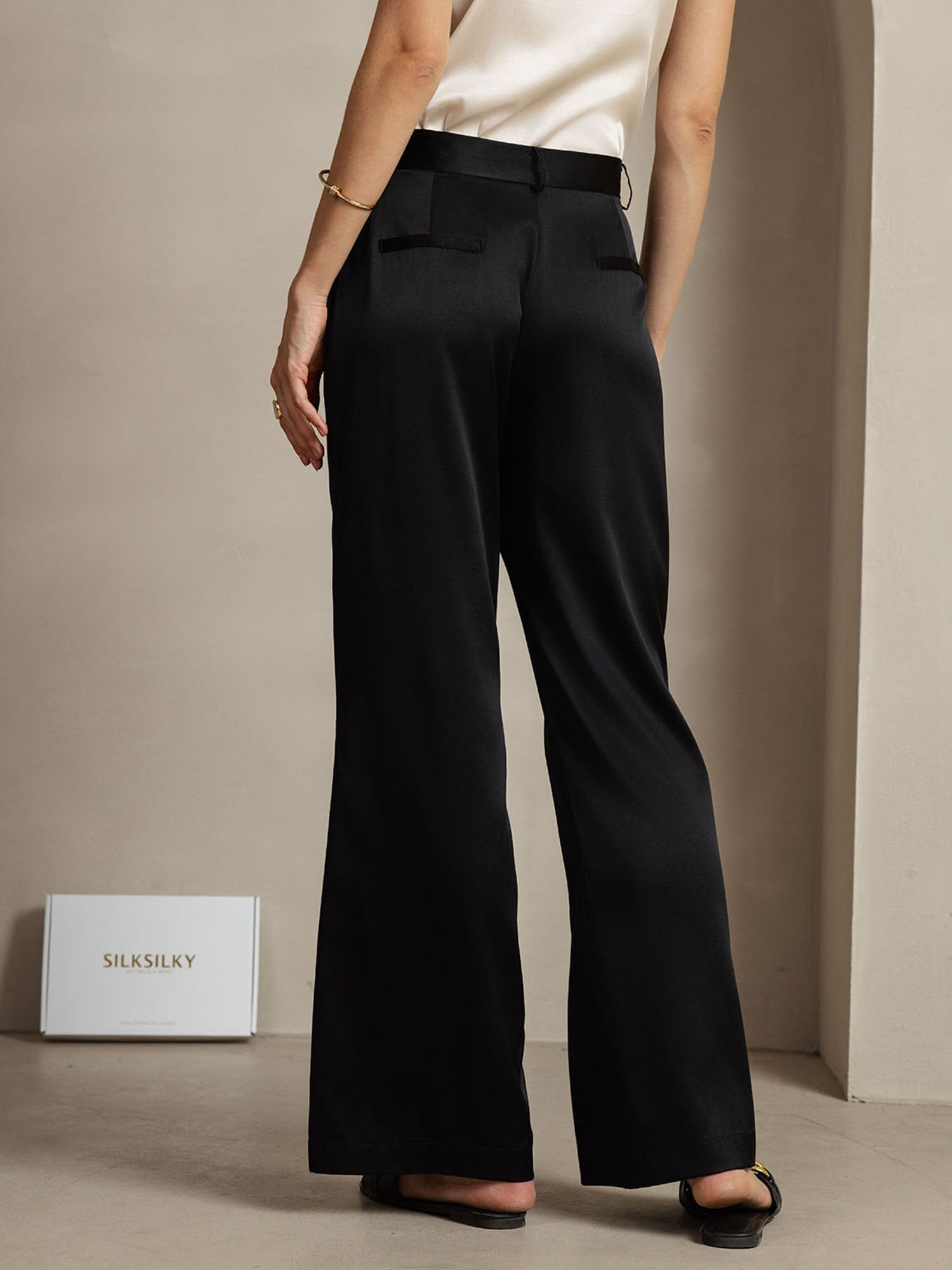 [Negro] SilkSilky-ES 19Momme Seda Womens Pants 002