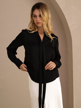 [Negro] SilkSilky-ES Long Sleeve Tie Neck Blusas 002