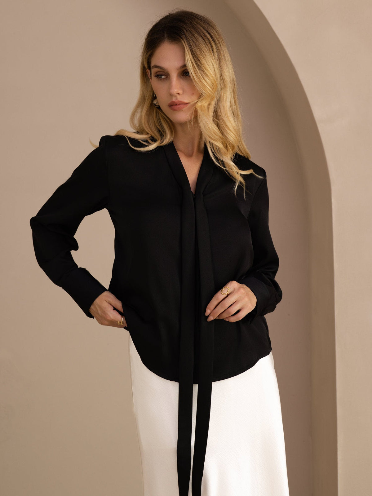 [Negro] SilkSilky-ES Long Sleeve Tie Neck Blusas 002
