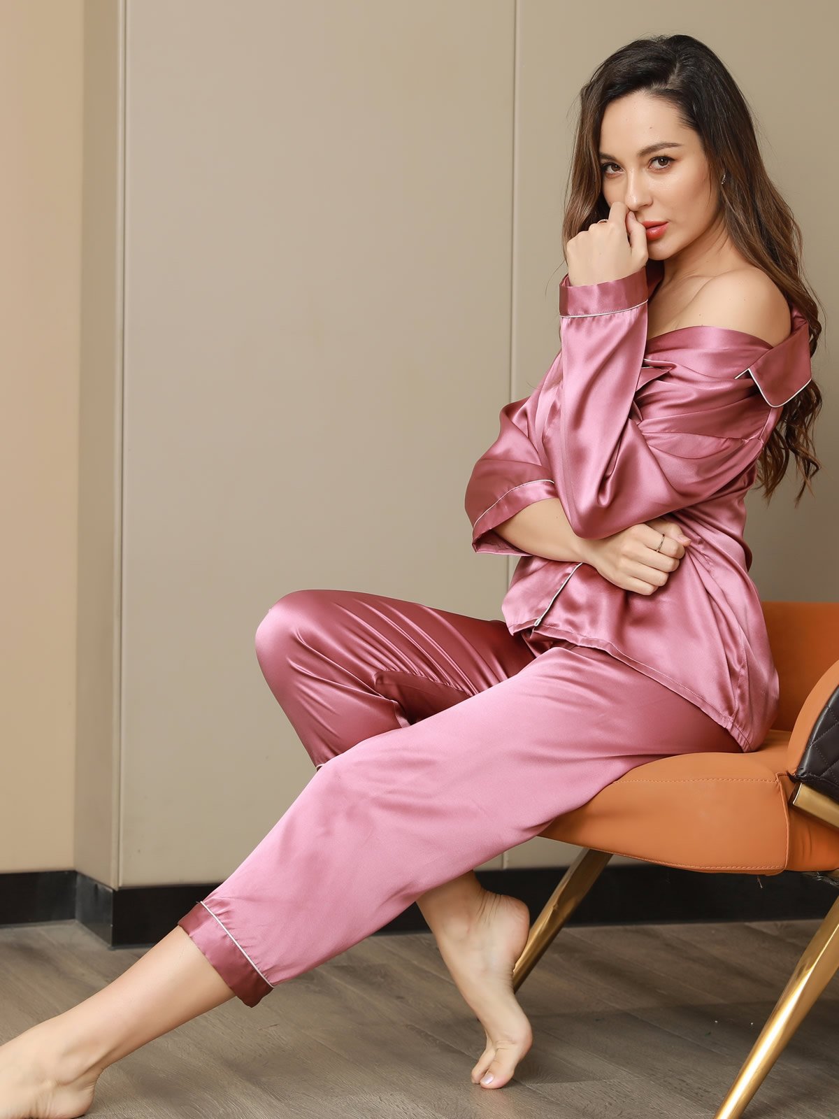 [Malva Pálido] SilkSilky-ES Seda Pura Womens Pajamas 007