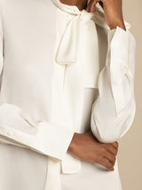 [Blanco] SilkSilky-ES 19Momme Manga larga Cuello Lazo Blusa 005