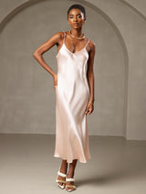 [Rosa] SilkSilky-ES Spaghetti Strap V Neck Vestido 003