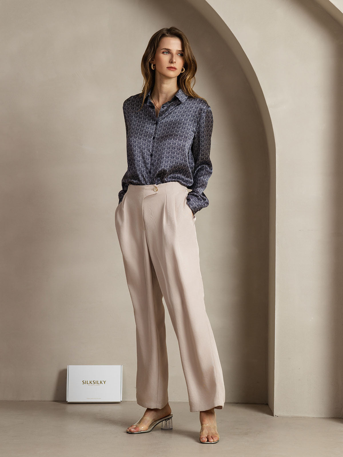 [Ginkgo Azul Marino] SilkSilky-ES Seda Manga larga Cuello Camisero Blusas de Mujer 003