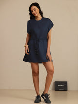 [Azul Oscuro] SilkSilky-ES 18Momme Manga Casquillo Cuello Henley Vestido 006