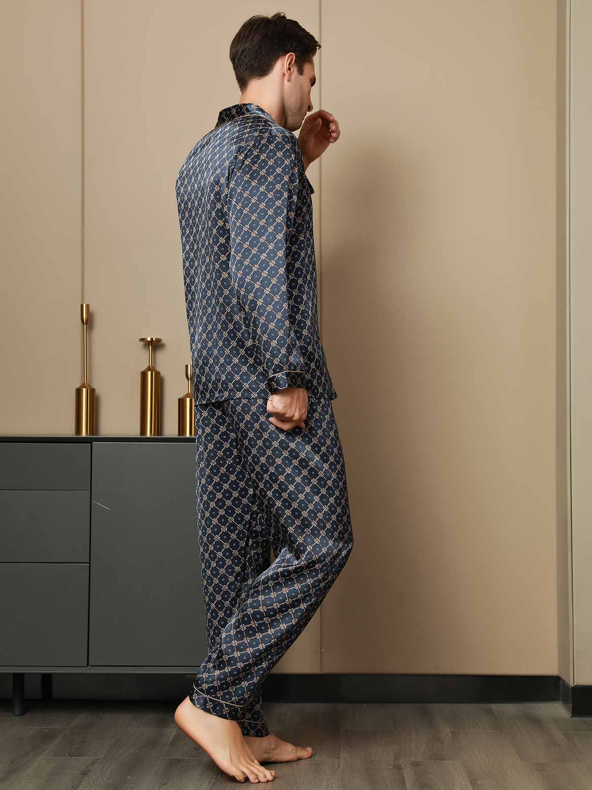 [Cadena Azul Marino] SilkSilky-ES Seda Pura Mens Pajamas 003