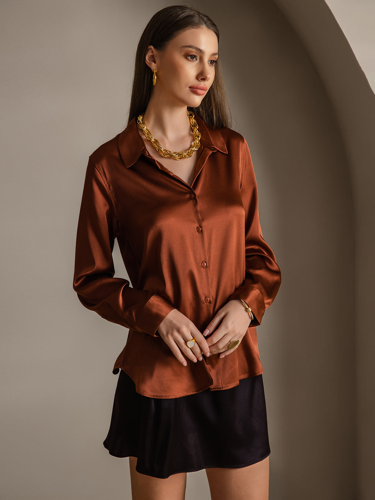 [Café] SilkSilky-ES Seda Lapel Collar Blusas de Mujer 004