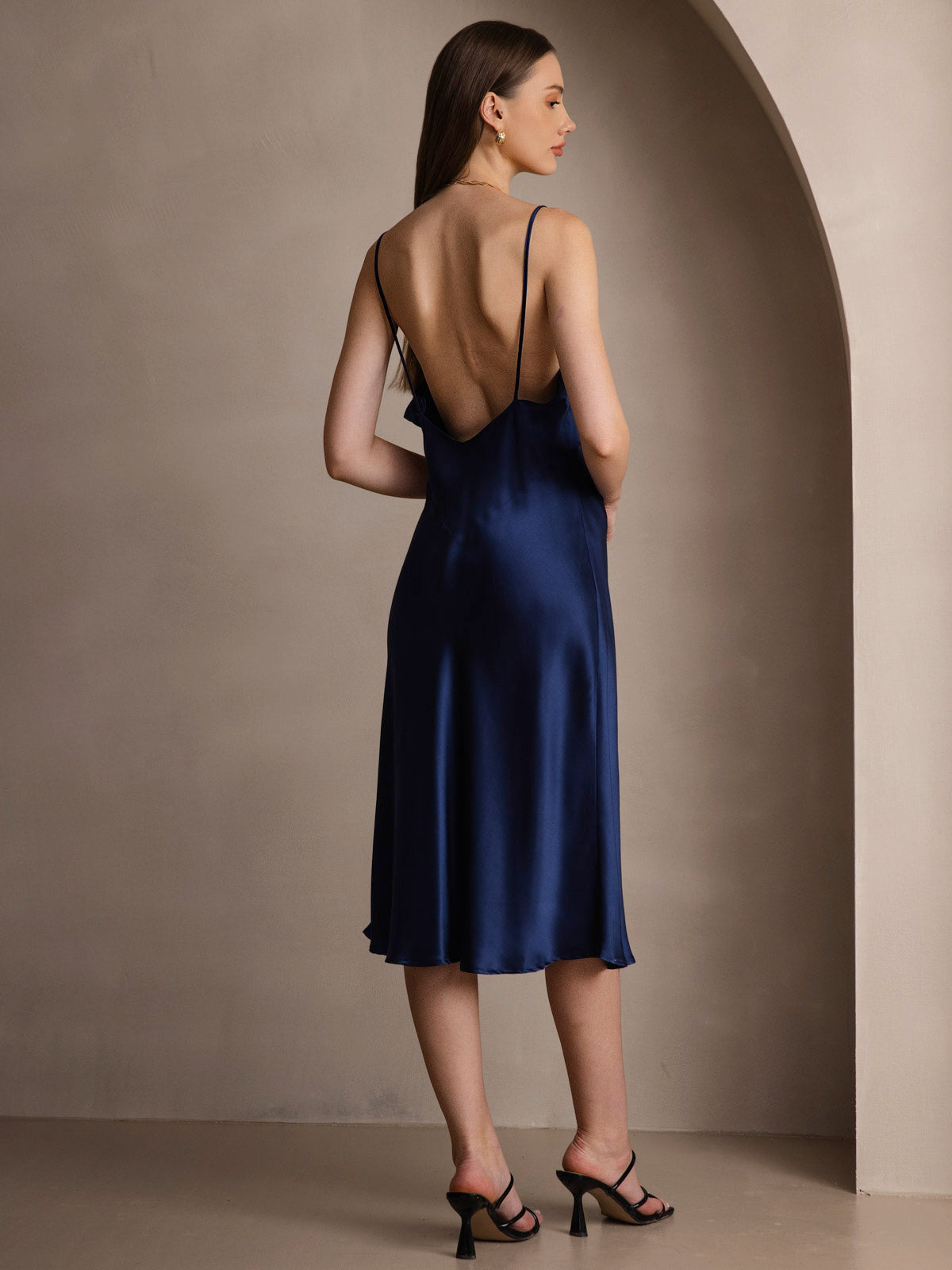 [Azul Oscuro] SilkSilky-ES 19Momme Seda Pura Cuello en V Vestido 002