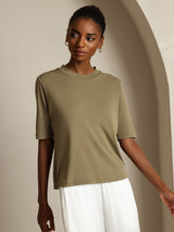 [Oliva Quemada] SilkSilky-ES Half Sleeve Crew Neck Camisetas de Mujer 007