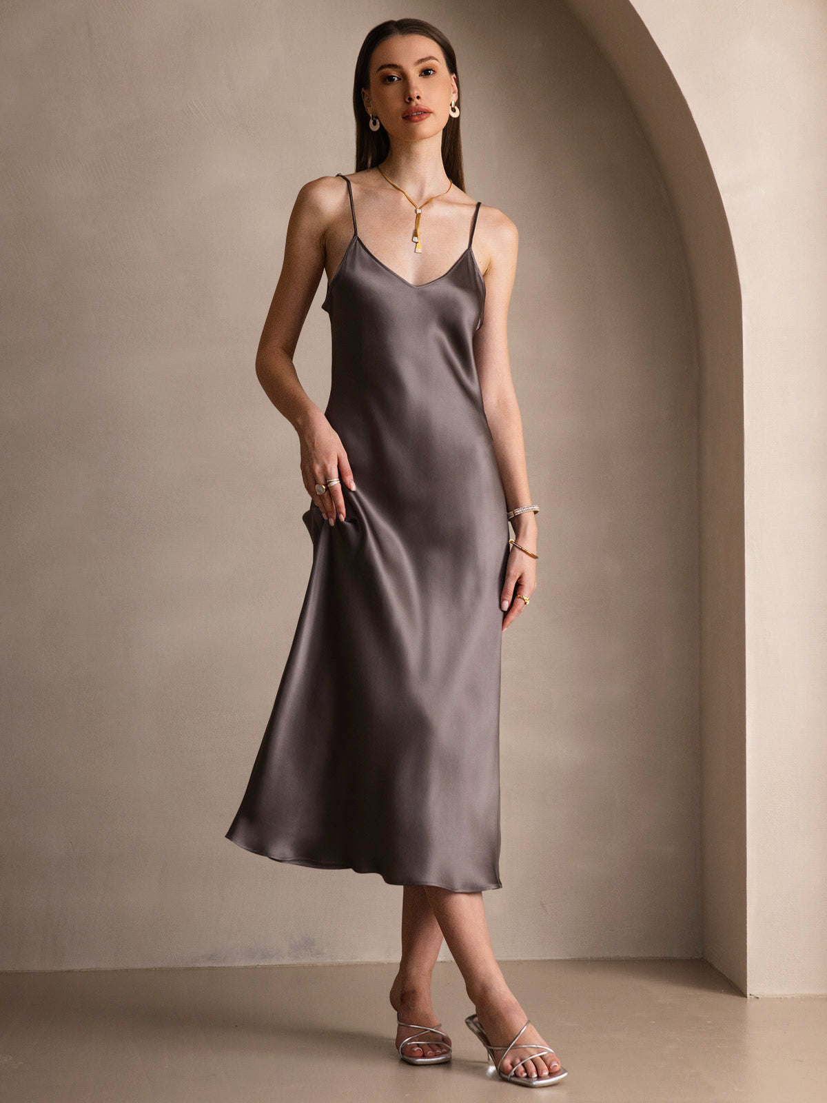 [Caqui Oscuro] SilkSilky-ES Spalline Sottili Cuello en V Vestido 001