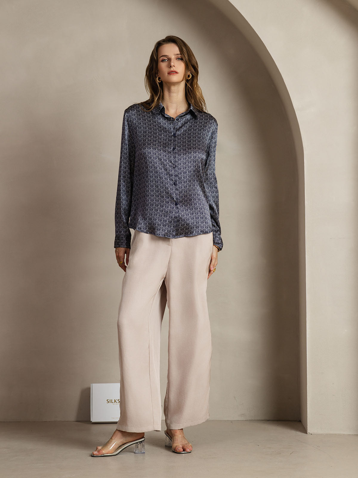 [Ginkgo Azul Marino] SilkSilky-ES Seda Lapel Collar Blusas de Mujer 007